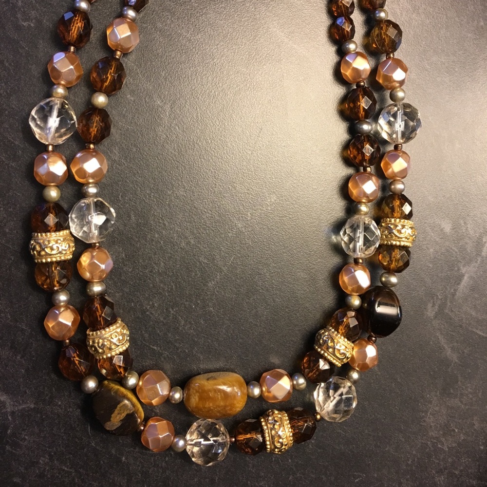 Beaded  Multi Color Brown Stone and Gem Necklace
